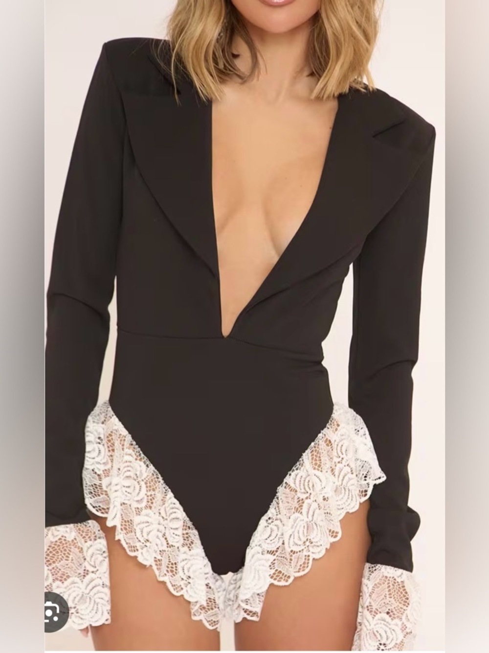 Ego Black Deep V Lace-Trim Bodysuit